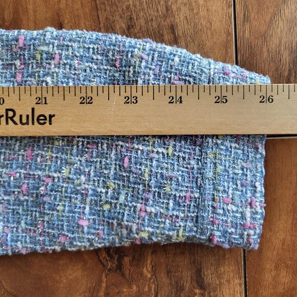 Womens Tweed Button Front Jacket Coat Blue Multi Fringe Trim Textured Chic Sm-M - Picture 8 of 10